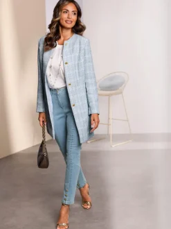 Blazer long à carreaux en fil bouclé manches longues boutons fantaisie