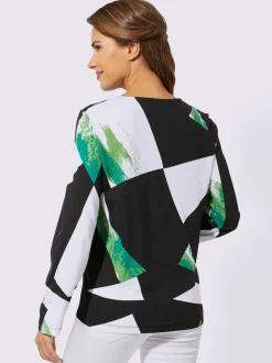 Blouse à col en V et motifs graphiques manches longues