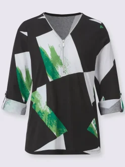 Blouse à col en V et motifs graphiques manches longues