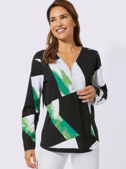 Blouse à col en V et motifs graphiques manches longues
