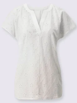 Blouse à broderie ajourée col en V et manches courtes
