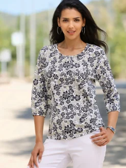 Blouse à manches trois quarts en coton pur à fleurs