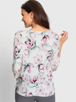 Blouse à manches trois quarts et col V imprimé fleurs viscose