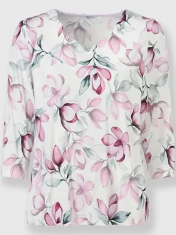 Blouse à manches trois quarts et col V imprimé fleurs viscose