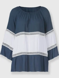 Blouse viscose avec empiècements dentelle et col rond manches trois quarts