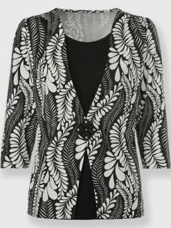 Cardigan à col en V motif feuilles et manches trois quarts