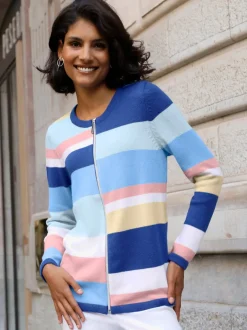 Cardigan en tricot jacquard rayures blocs et manches longues fermeture éclair