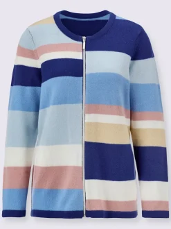 Cardigan en tricot jacquard rayures blocs et manches longues fermeture éclair