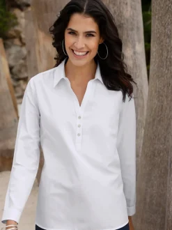 Chemisier coton col chemise et patte de boutonnage et manches longues
