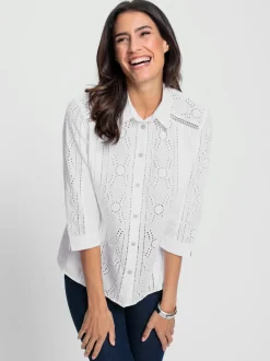 Chemisier en coton avec broderie Madeira col chemise manches trois quart