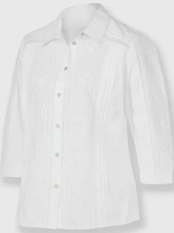 Chemisier en coton avec broderie Madeira col chemise manches trois quart