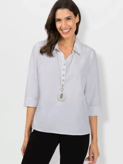 Chemisier en coton avec col chemise ouvert et manches trois quarts