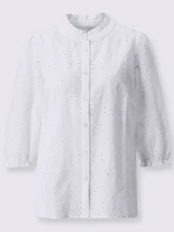 Chemisier en coton dentelle ajourée à manches bouffantes et col rond