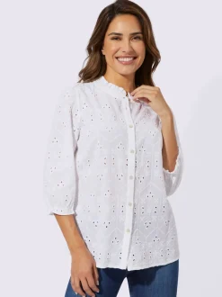 Chemisier en coton dentelle ajourée à manches bouffantes et col rond