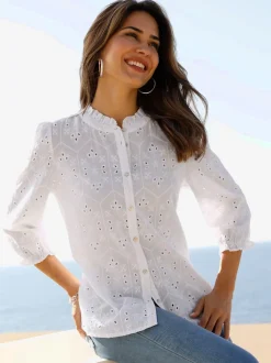 Chemisier en coton dentelle ajourée à manches bouffantes et col rond
