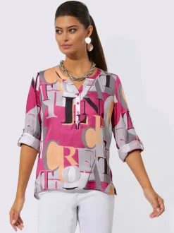 Chemisier en modal fluide imprimé lettres col chemise et manches retroussables