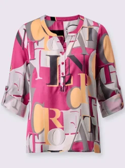 Chemisier en modal fluide imprimé lettres col chemise et manches retroussables