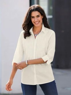 Chemisier pur coton col chemise et pinces poitrine manches trois quarts