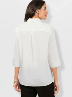Chemisier pur coton col chemise et pinces poitrine manches trois quarts