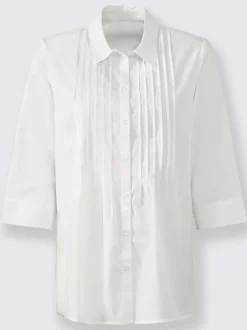 Chemisier pur coton col chemise et pinces poitrine manches trois quarts