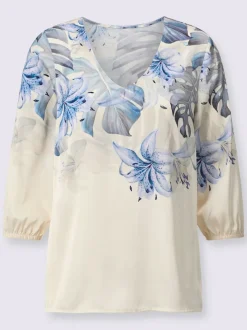Chemisier satin à col V et manches trois quarts motif floral