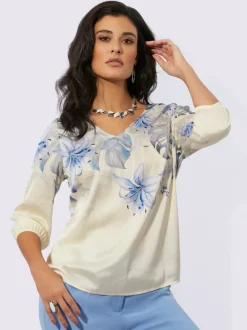 Chemisier satin à col V et manches trois quarts motif floral