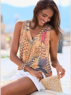 Débardeur de plage col V et bretelles larges imprimé léopard viscose