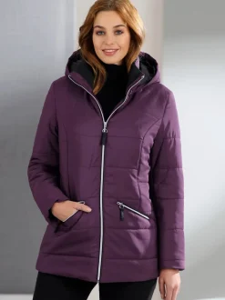 Doudoune femme col montant à capuche avec zippers contrastés
