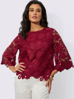Ensemble chemisier et pantalon en dentelle florale col rond