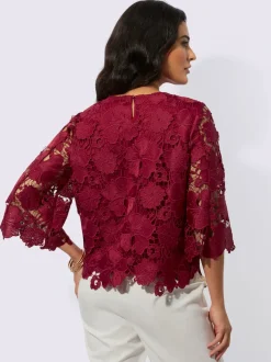 Ensemble chemisier et pantalon en dentelle florale col rond