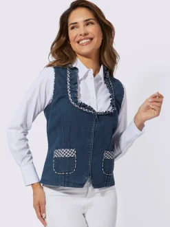 Gilet en jean sans manches avec volants et poches à carreaux