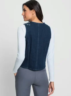 Gilet en jean sans manches à broderie fleurie sur le devant