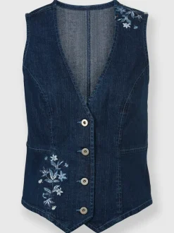 Gilet en jean sans manches à broderie fleurie sur le devant
