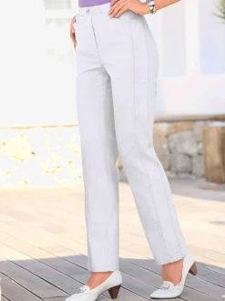 Jean femme droit effet délavé ceinture élastique