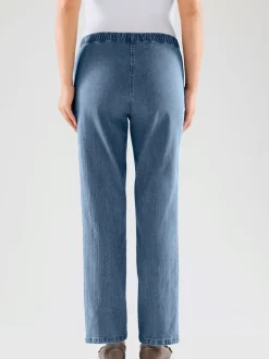 Jean femme droit effet délavé ceinture élastique
