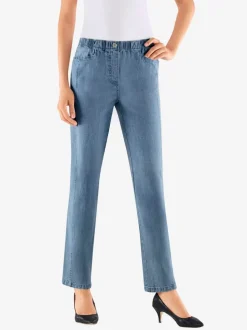 Jean femme droit effet délavé ceinture élastique