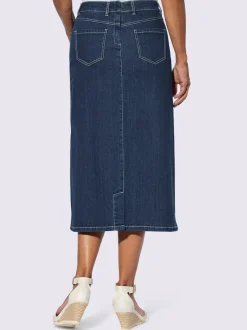 Jupe en jean longueur midi avec boutons apparents sur le devant