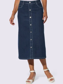 Jupe en jean longueur midi avec boutons apparents sur le devant