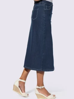 Jupe en jean longueur midi avec boutons apparents sur le devant