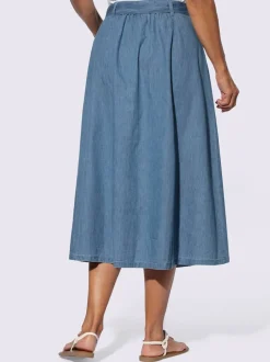 Jupe en jean pur coton coupe évasée avec ceinture à nouer