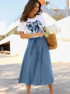 Jupe en jean pur coton coupe évasée avec ceinture à nouer