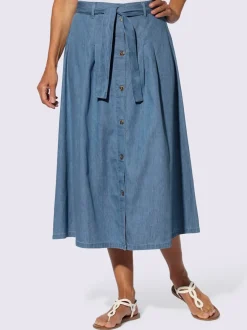 Jupe en jean pur coton coupe évasée avec ceinture à nouer