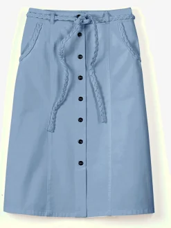 Jupe femme en jean entièrement boutonnée avec ceinture tressée