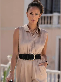 Large ceinture avec boucle métallique dorée