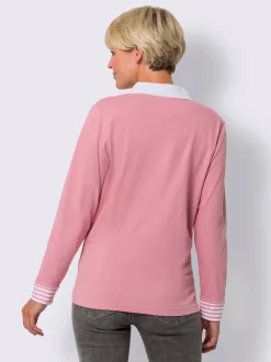Polo à manches longues col chemise contrasté rayures encolure et manchettes