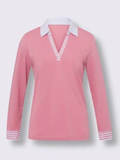 Polo à manches longues col chemise contrasté rayures encolure et manchettes