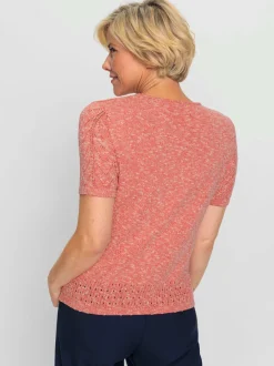 Pull ajouré en coton col rond et manches courtes à motif