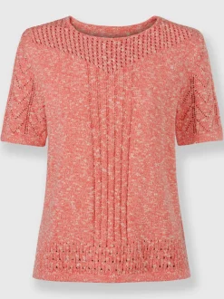 Pull ajouré en coton col rond et manches courtes à motif