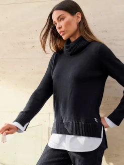Pull à col roulé empiècement chemisier manches et ourlet