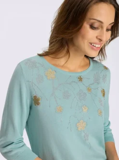 Pull encolure ronde application florale